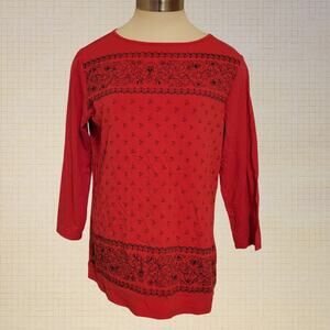 DG2 Red Bandana Floral Print Stretch 3/4 Sleeve Top Size Medium